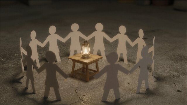 Paper cutouts circle a glowing lantern on a small table, symbolizing unity and hope.