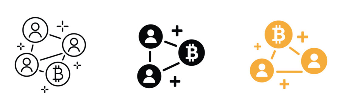 Bitcoin Network Icons. Three variations of icons representing a decentralized network, each showing interconnected human figures and the Bitcoin symbol, suggesting cryptocurrency, blockchain.