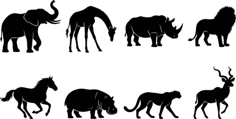 African safari wildlife animals black silhouette vector set featuring elephant giraffe rhinoceros lion horse hippopotamus cheetah and kudu icons © Prodip