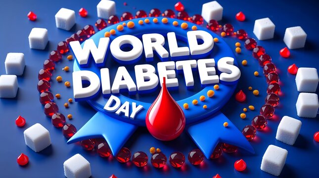 World diabetes day concept with blue ribbon, sugar cubes and blood drop