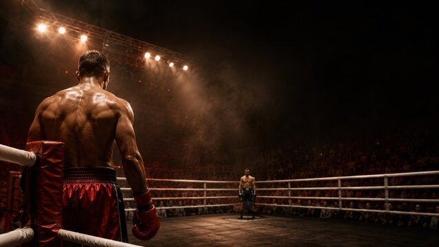 Boxer Standing in Corner of Professional Boxing Ring under Spotlights
