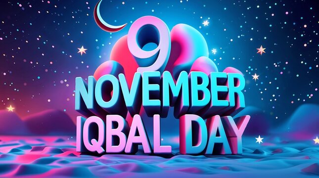 3d render of 9 november iqbal day celebration with starry night background