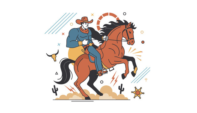 Cowboy wearing blue jeans and a hat riding a bucking brown horse in the western desert.