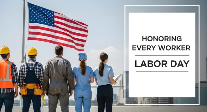 Group of diverse professionals standing together looking at the american flag, representing different industries and honoring labor day with a message of appreciation for workers
