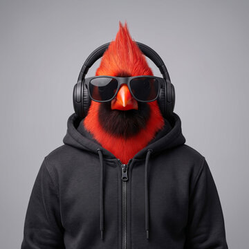Northern cardinal wearing headphones, sunglasses and black hoodie on gray background. Urban fashion, music, streetwear, bird portrait and animal humor concept