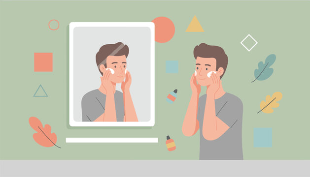 Man applying facial cleansing foam to his face while looking in the bathroom mirror.