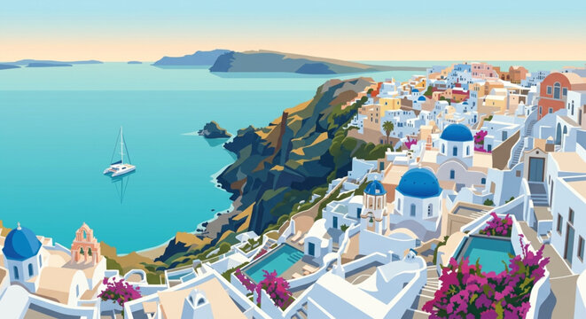Mediterranean coastal village vector illustration, white houses with blue domes on a cliff, scenic Greek island landscape with sea and sailboat