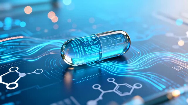 Futuristic digital medicine capsule on a glowing circuit board representing advanced biotechnology and smart healthcare