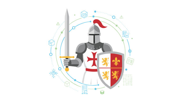 Medieval knight in full armor holding a long broadsword and a red and white shield with heraldic lions.