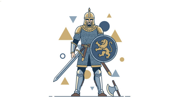 Ancient warrior in golden chainmail armor wielding a sword and round shield with geometric patterns.