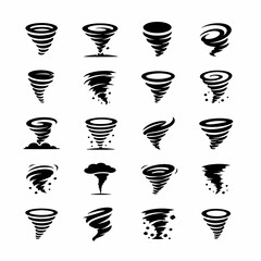 Diverse Collection of Black and White Tornado and Swirling Wind Icons for Weather and Storm Designs