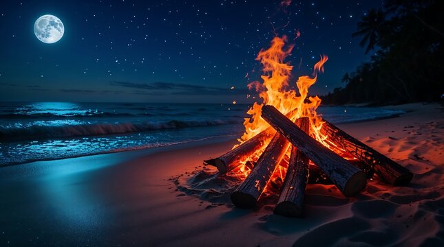 Bonfire burning on a sandy beach under a starry night sky with full moon