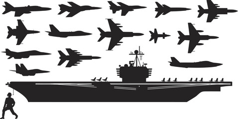 Military parade with jet aircraft flying in formation over warship © Samiul