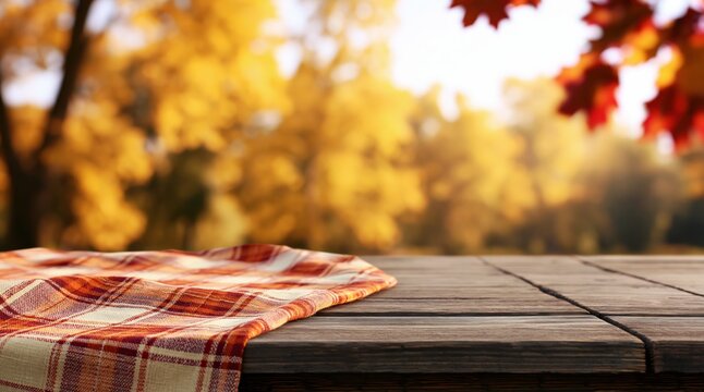 Autumn wooden table with plaid cloth in a blurred nature park with fall background