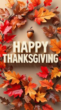 Happy thanksgiving greeting card with autumn leaves and an acorn
