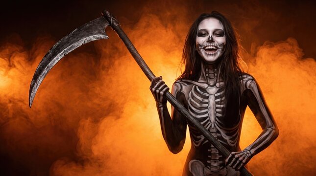 Smiling Woman with Skeleton Body Paint Holding Grim Reaper Scythe in Orange Smoke