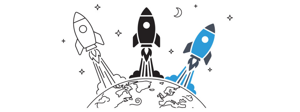 Rocket launch trio collection launchpad start up business icons with business