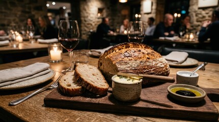 Fototapeta premium Gourmet Sourdough Bread Appetizer with Butter and Olive Oil on Rustic Board in Fine Dining Restaurant