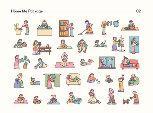 People enjoying daily home life with cleaning, cooking, reading, relaxing and self-care. Cute flat vector illustration for household activities.