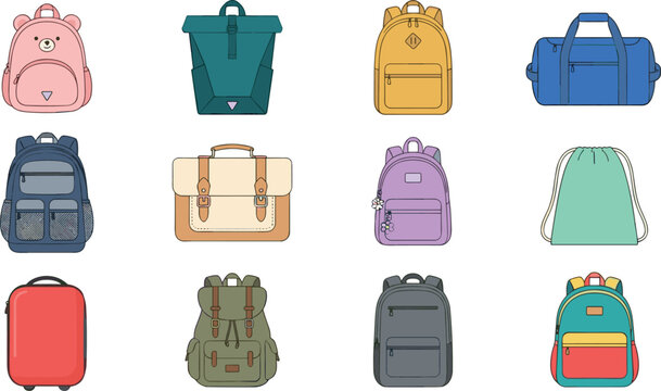 Backpack and luggage vector flat icon set featuring school bags suitcases duffel bags briefcases and rucksacks for travel education