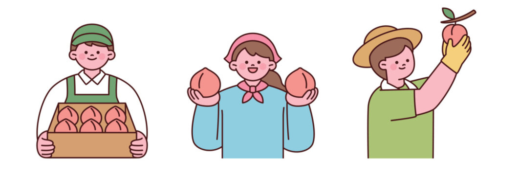 Happy peach farmers holding fresh peaches and harvest boxes. Cute flat vector illustration for agriculture, organic farming and seasonal fruit production.