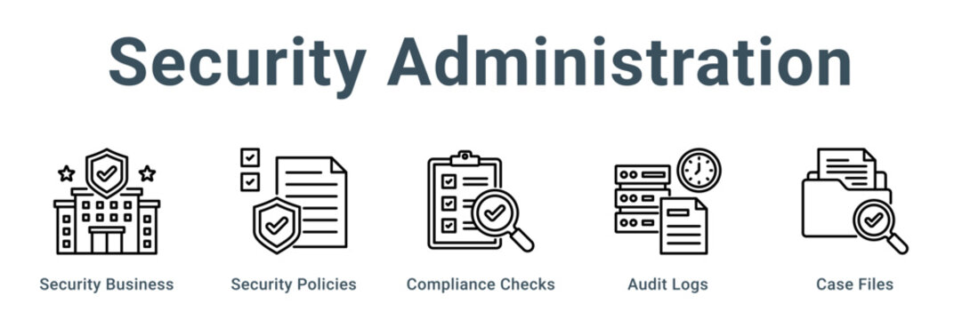 Security Administration web banner icon vector illustration concept, Security Business, Security Policies, Compliance Checks, Audit Logs, Case Files
