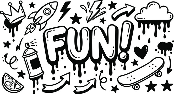 Graffiti drip bubble font text graphic set with skateboard spray can rocket crown stars cloud street art elements
