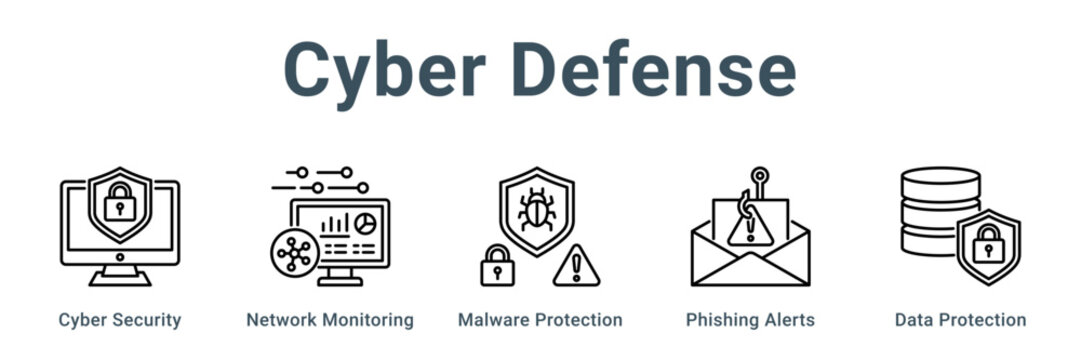 Cyber Defense web banner icon vector illustration concept, Cyber Security, Network Monitoring, Malware Protection, Phishing Alerts, Data Protection