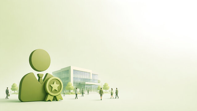 Corporate illustration of a person with an experience badge and a company building with small business people - senior employment concept banner with copy space