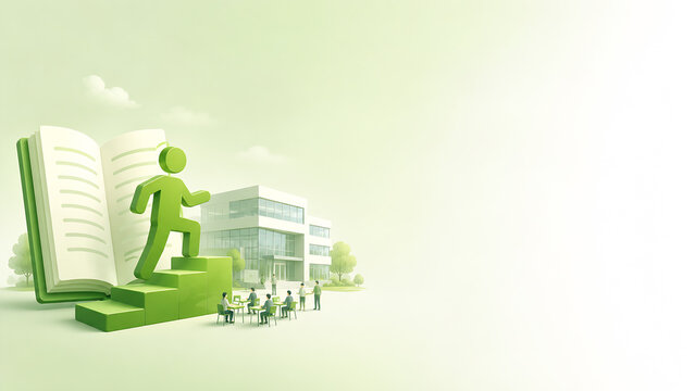 Corporate illustration of a person on steps with a book and a company building with small business people - employee onboarding concept banner with copy space