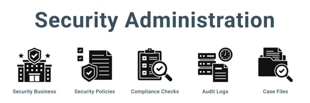 Security Administration web banner icon vector illustration concept, Security Business, Security Policies, Compliance Checks, Audit Logs, Case Files