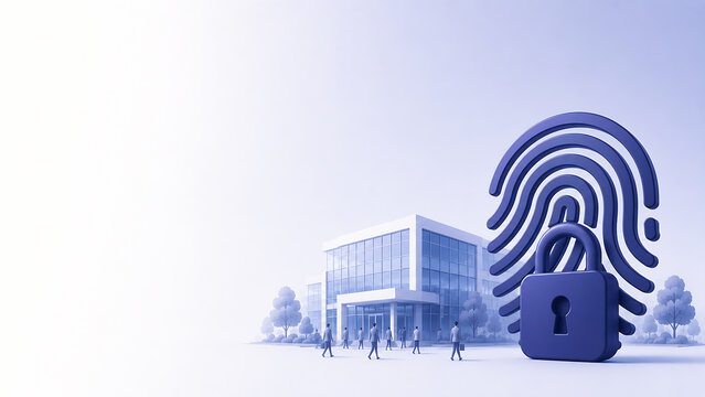 Corporate illustration of a fingerprint with a padlock and a company building with small business people - authentication and access control concept banner with copy space