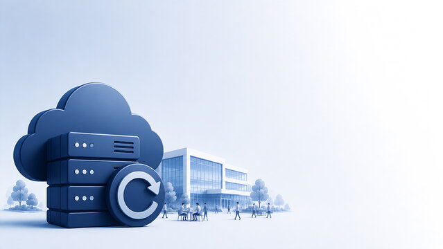 Corporate illustration of a server with a backup arrow and a company building with small business people - data backup and business continuity concept banner with copy space