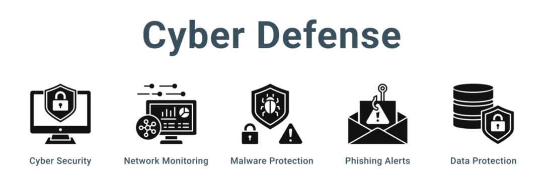 Cyber Defense web banner icon vector illustration concept, Cyber Security, Network Monitoring, Malware Protection, Phishing Alerts, Data Protection
