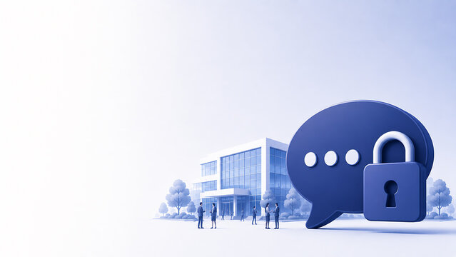 Corporate illustration of a speech bubble with a padlock and a company building with small business people - internal reporting hotline concept banner with copy space
