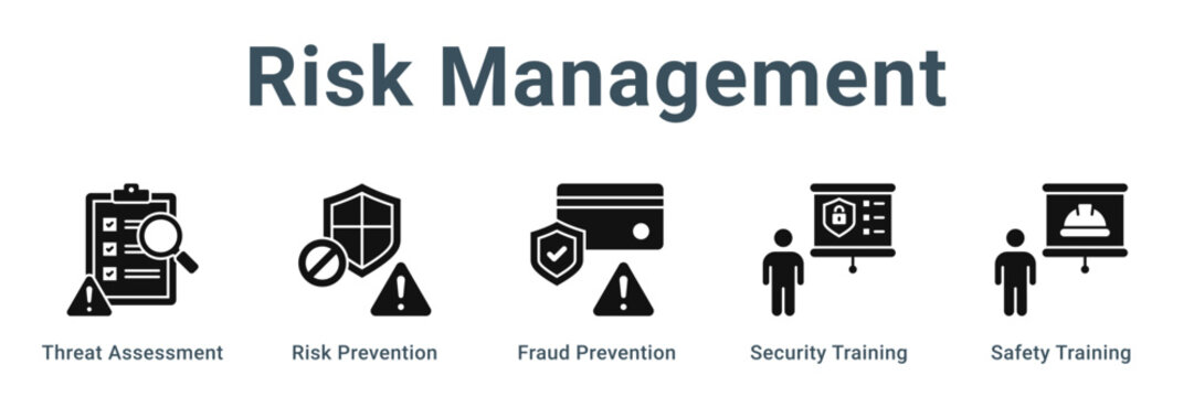 Risk Management web banner icon vector illustration concept, Threat Assessment, Risk Prevention, Fraud Prevention, Security Training, Safety Training