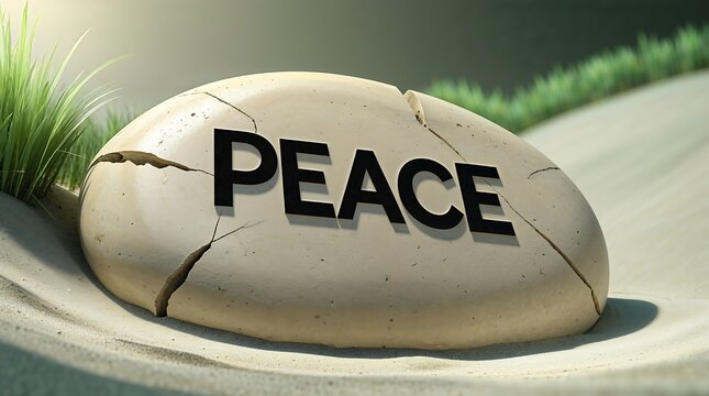 A cracked stone with the word peace written on it in a zen garden