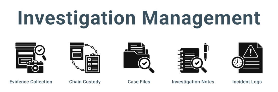 Investigation Management web banner icon vector illustration concept, Evidence Collection, Chain Custody, Case Files, Investigation Notes, Incident Lo