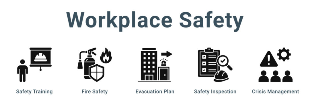 Workplace Safety web banner icon vector illustration concept, Safety Training, Fire Safety, Evacuation Plan, Safety Inspection, Crisis Management