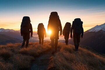 Fototapeta premium Hikers and backpackers trekking in mountains during a vibrant outdoor sunrise