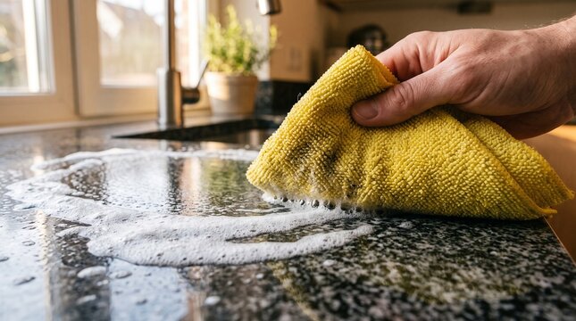 Hand cleaning dark granite kitchen countertop with yellow microfiber cloth and soap.