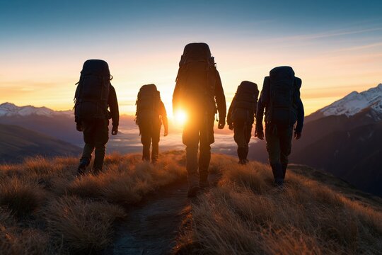 Hikers and backpackers trekking in mountains during a vibrant outdoor sunrise
