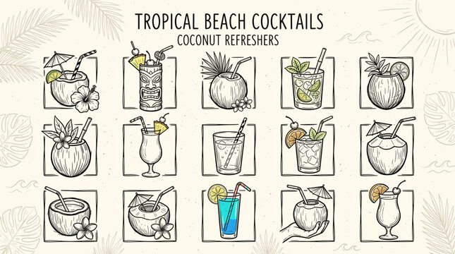 Tropical Beach Cocktails Coconut Refreshers Illustration Set
