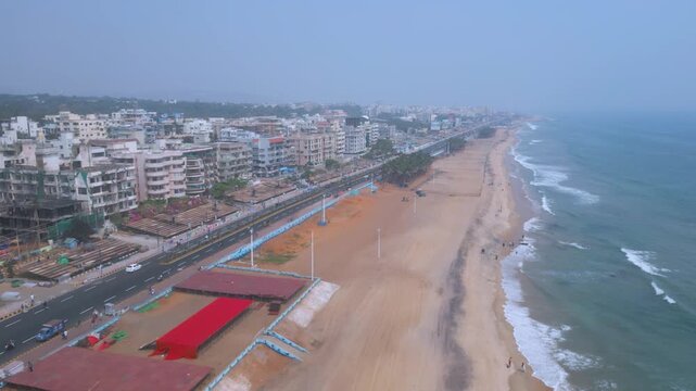 Aerial view of RK Beach, Bheemunipatnam Beach, Natural rock arch, Tenneti Park, MV MAA Ship, Visakhapatnam, India.