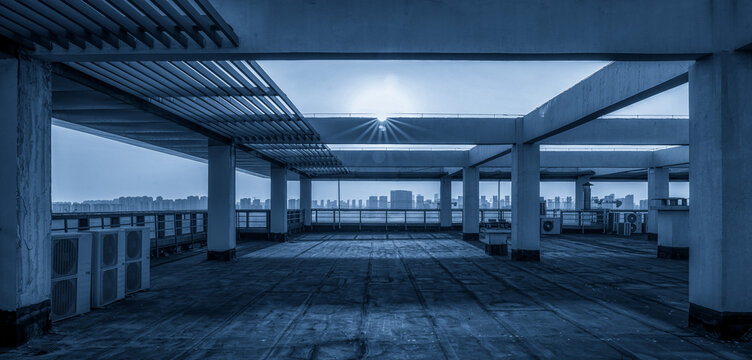 Urban Rooftop Perspective in Blue Hues with City Skyline