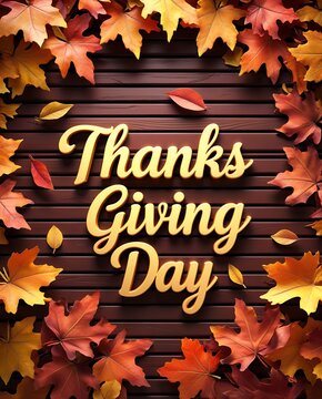 Thanksgiving day text with autumn maple leaves on dark wooden background