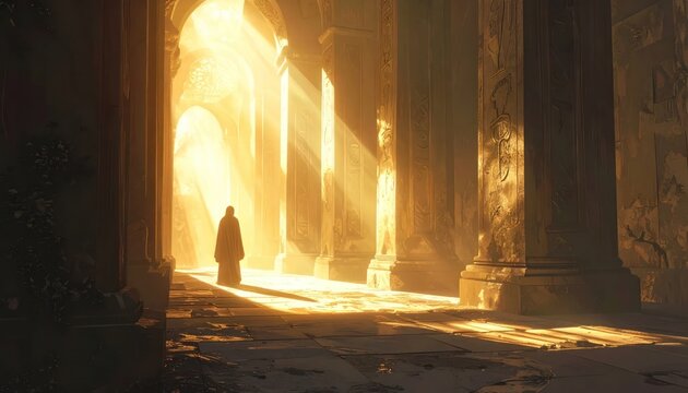 Lone silhouette standing in ancient temple light rays.
