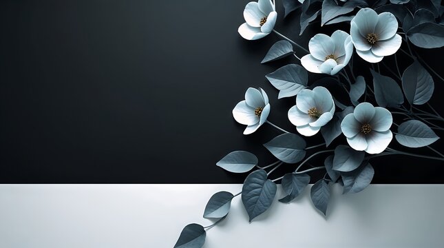 Elegant floral composition with white flowers and dark leaves on split background