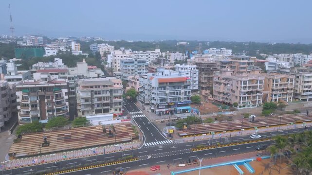 Aerial view of RK Beach, Bheemunipatnam Beach, Natural rock arch, Tenneti Park, MV MAA Ship, Visakhapatnam, India.