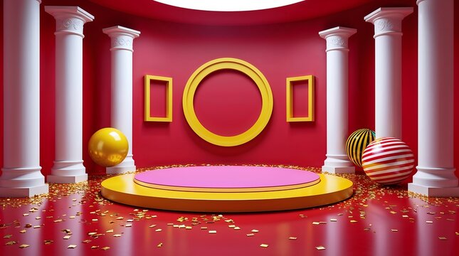 3d rendering of a festive red stage with yellow podium and confetti